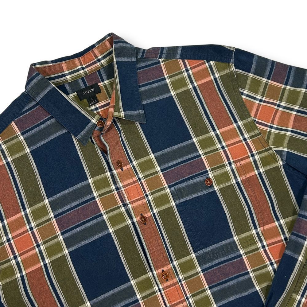 J Crew Plaid Button-Down Shirt Navy Blue Orange Mens Large